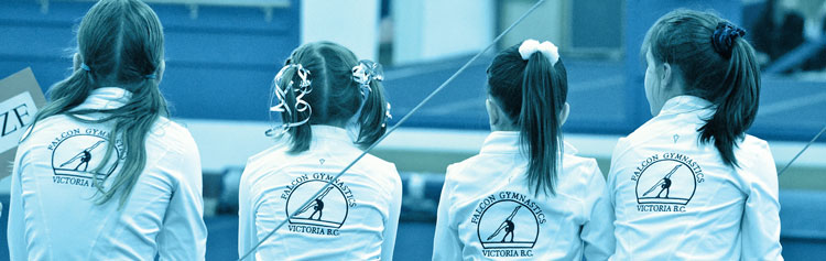 Four Falcon Gymnastics sit with their backs to the camera, wearing their team warm up jackets