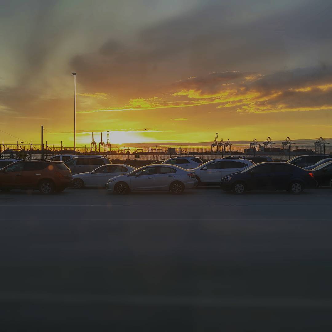 A golden sunset over the cars in line for BC Ferries.