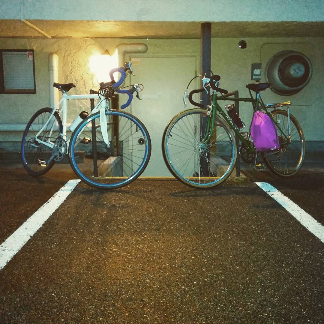 Two bikes parked outside a building at night.