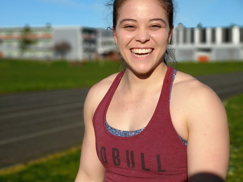 Closeup of a laughing Brooke Woodley at Esquimalt High.