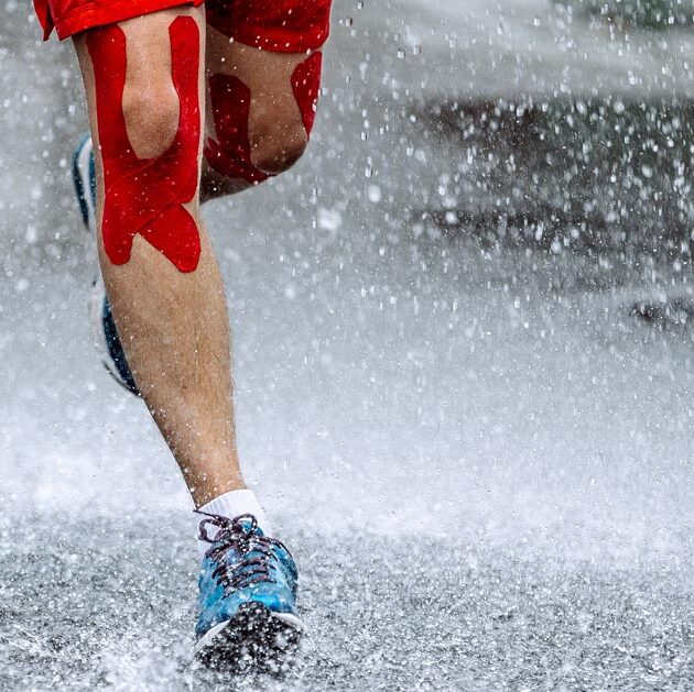 Runner with taped knees out in the rain and water during a race.