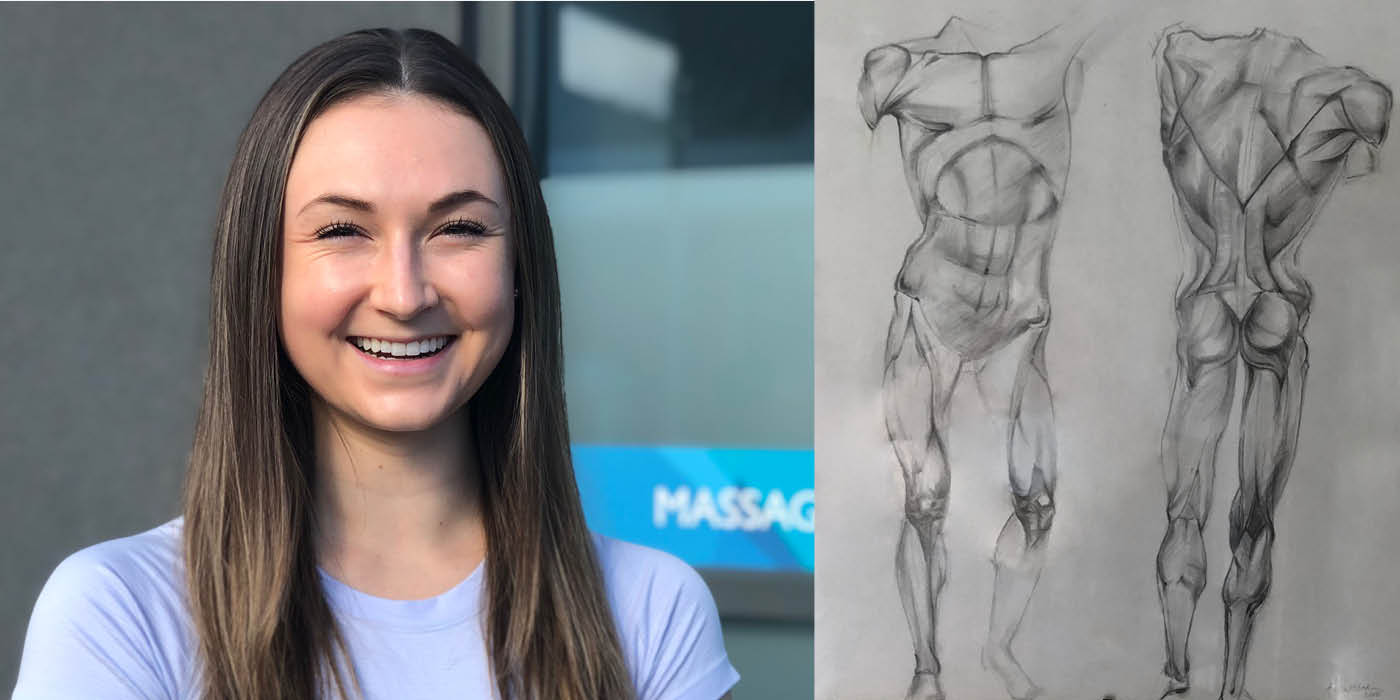 Lena Walther smiles brightly in front of the clinic. On the right is an anatomical pencil drawing of a human body with front and back view, by Lena.