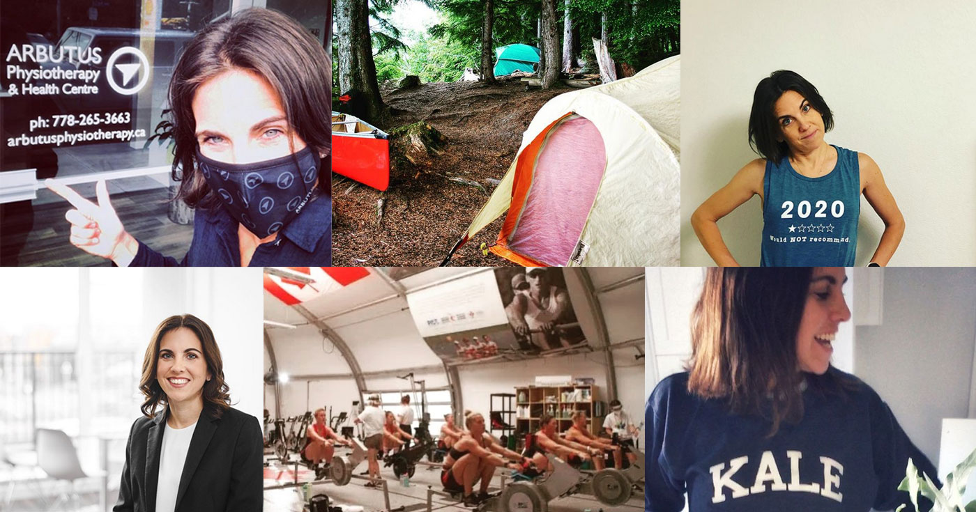A montage of Dr. Kim McQueen photos camping, working out, and at the clinic.