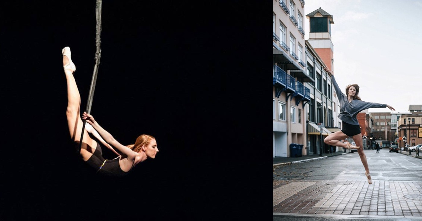 A montage of photos showing Margaret Trajan dancing ballet in Victoria, and performing aerial hoops (version two).