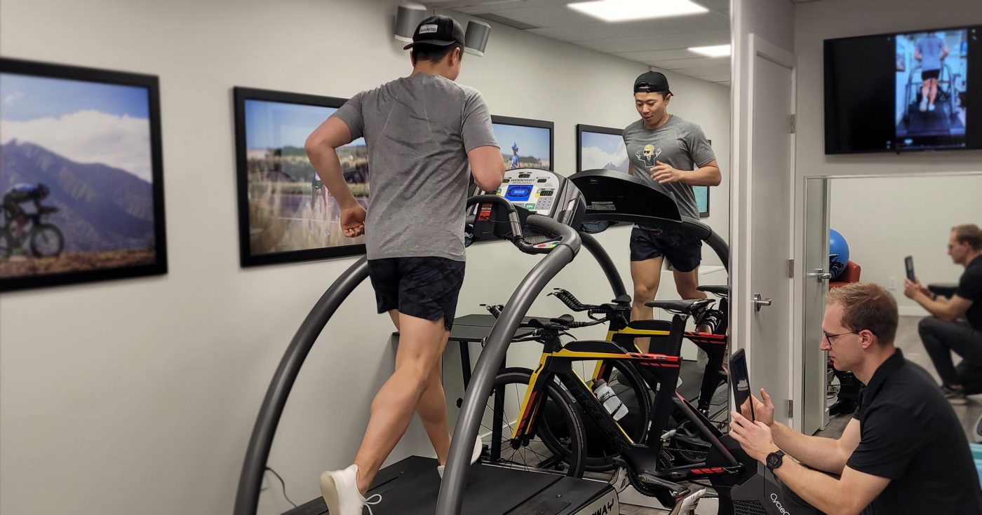 A runner puts on a good pace on a treadmill at the physiotherapy clinic in Victoria, to have their running gait analyzed.