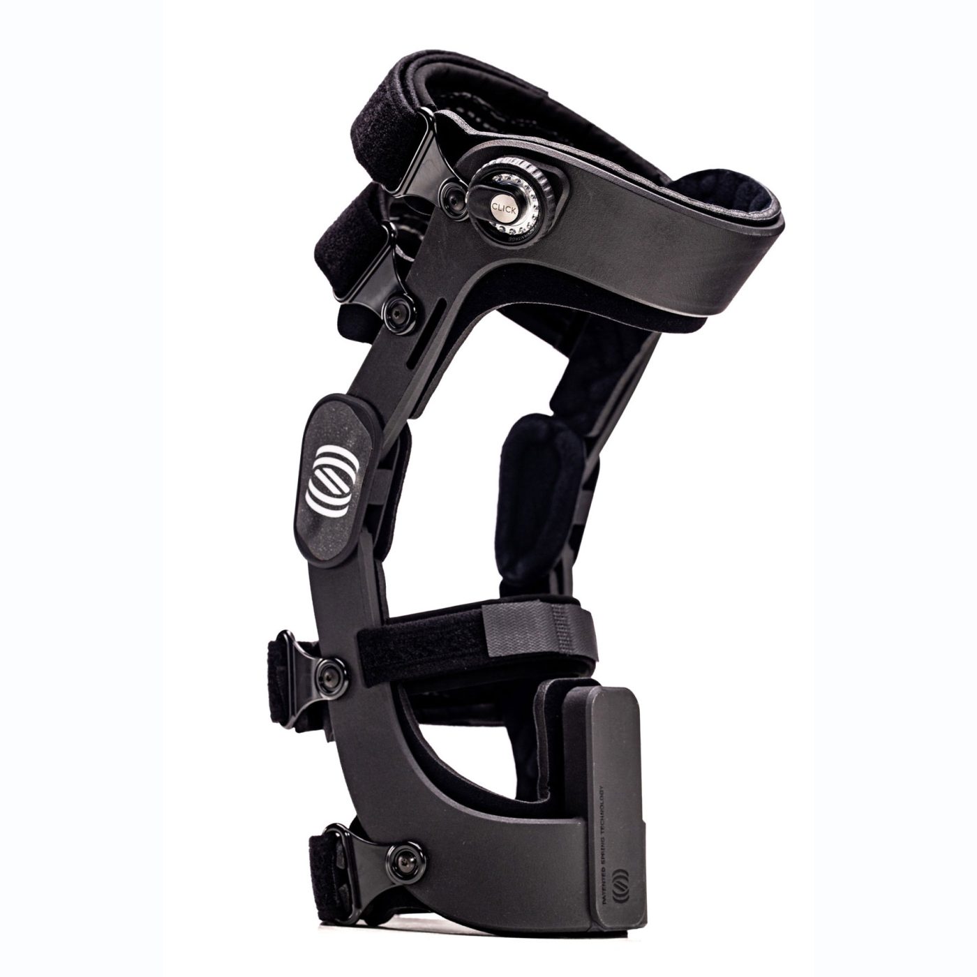 Spring Loaded knee brace in black with a white background.