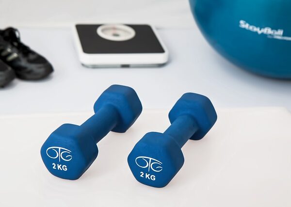 Image of 2kg blue weights with a pair of sneakers, a scale, and a balance ball in the background, by Steve Buissinne from Pixabay.
