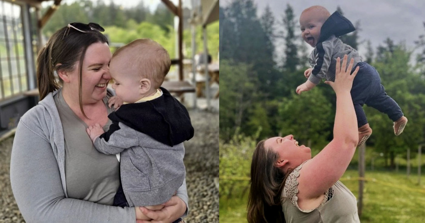 Front desk manager, Rachel Kirkham, lifts her kid up in a moment of joy.