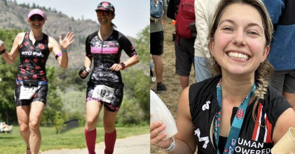 Arbutus Physio triathletes smile on the run and at the finish line.