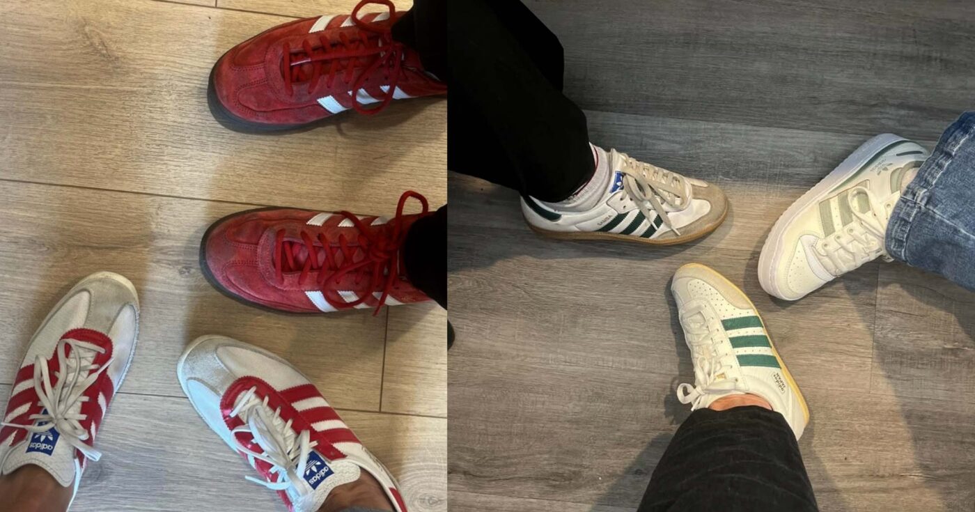 Physio and team members put their cool fitness wear shoes into a circle for a photo.